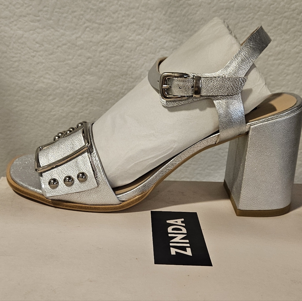662 Zinda Leather Silver Block Heel Sandals with Adjustable Strap EU 39